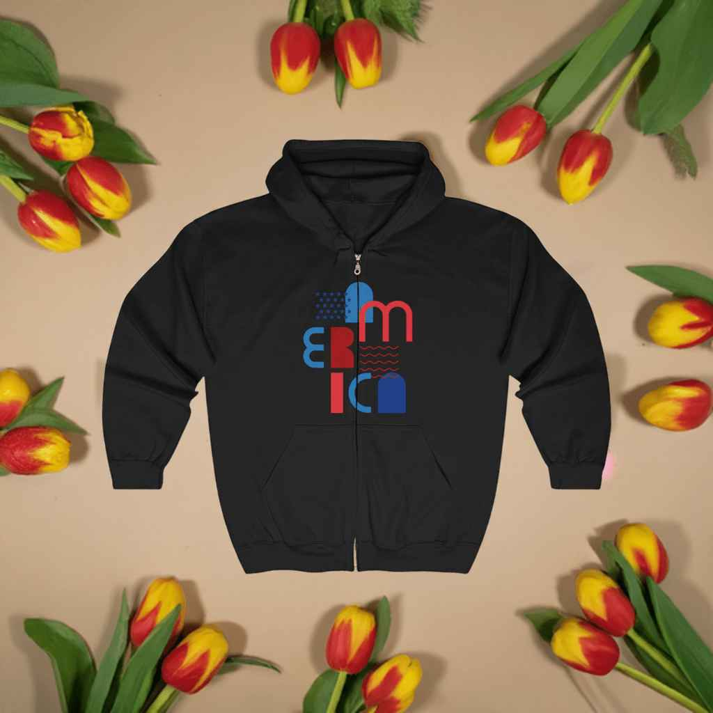 Felpa con Cappuccio e Zip America Nera Cozy Unisex Heavy Blend